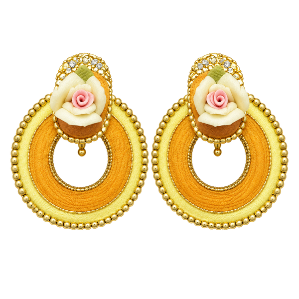 Vintage Gold Tone Clip Earrings With Porcelain Rose Accent