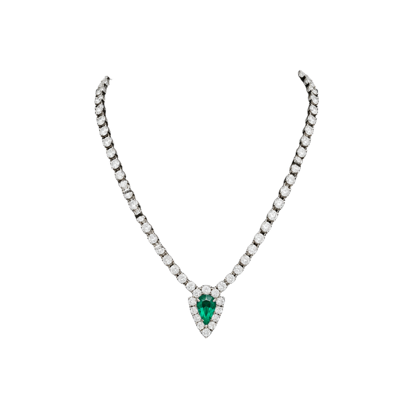 Vintage Emerald Rhinestone Necklace with Teardrop Pendant and Chain Link Clasp