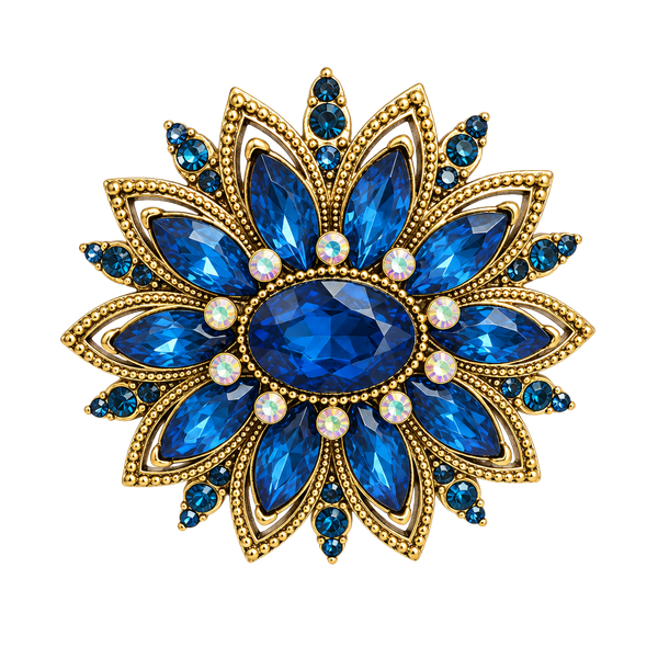 Vintage Style Blue Rhinestone Flower Brooch Gold Tone Pin