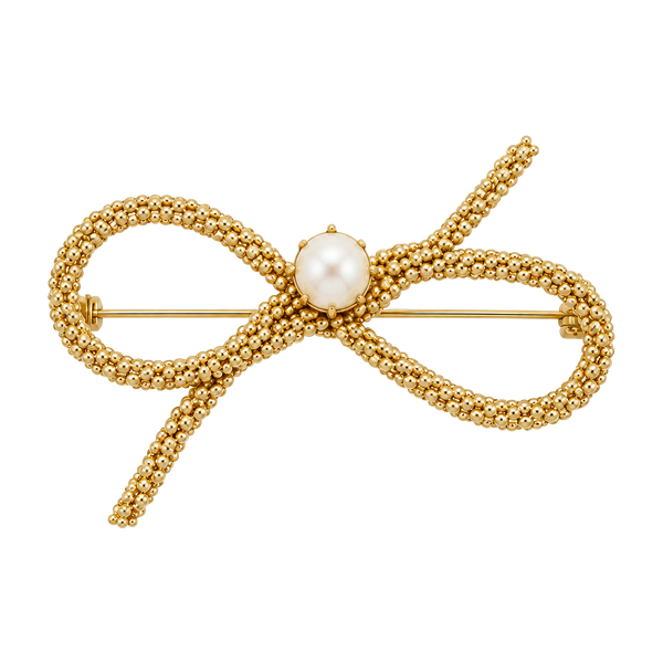 Vintage Textured Rope Bow Brooch Gold Tone Simulated Pearl
