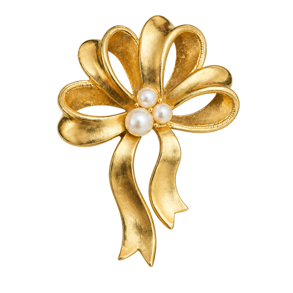 Avon Gold Tone Bow Brooch Pin with Faux Pearls Vintage Ribbon Jewelry