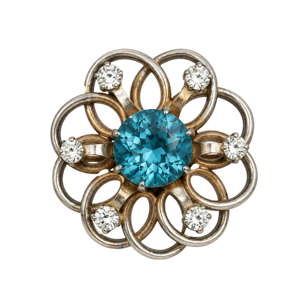 Vintage Flower Brooch Blue Rhinestone Silvery Gold Tone
