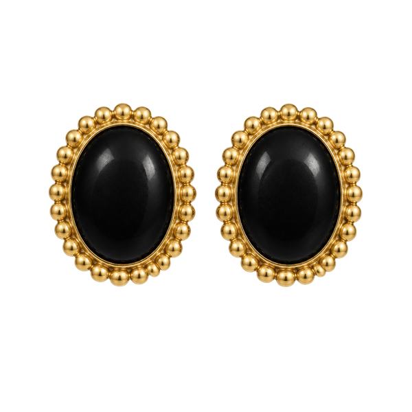 Vintage Black And Gold Oval Clip-On Earrings