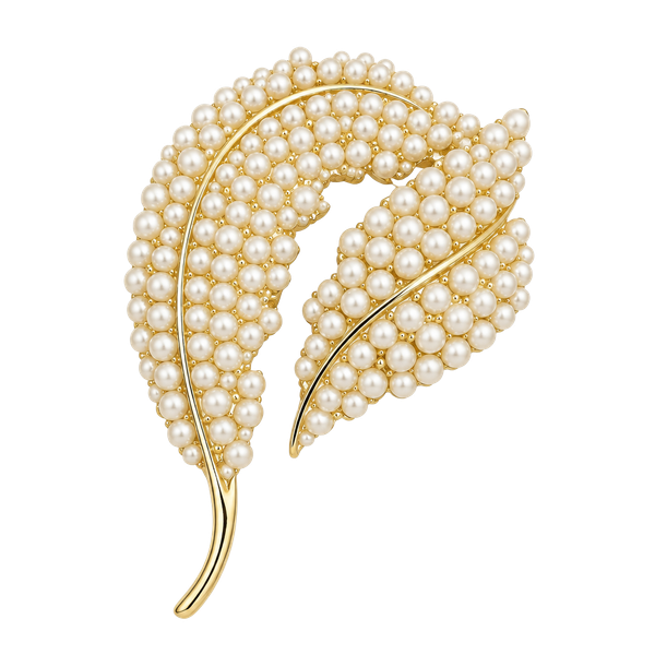 BSK Faux Pearl Leaf Brooch Gold Tone Pin