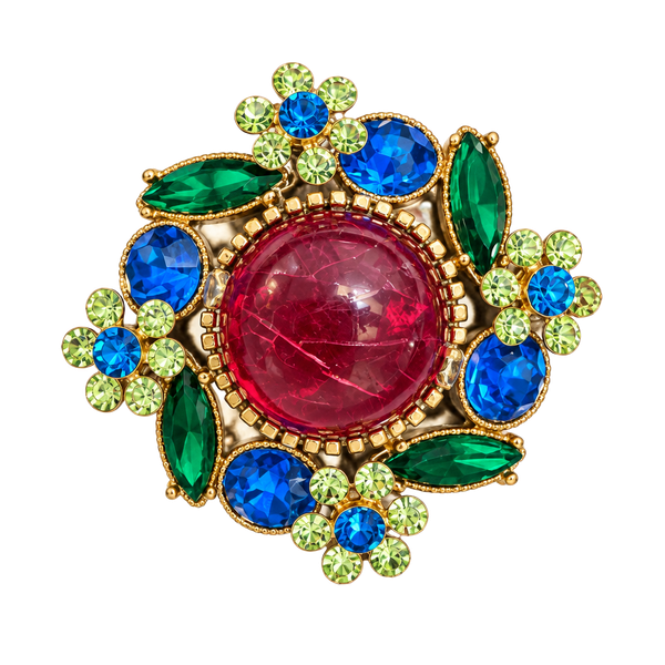Vintage Gold Tone Multicolored Rhinestone and Red Glass Cabochon Brooch