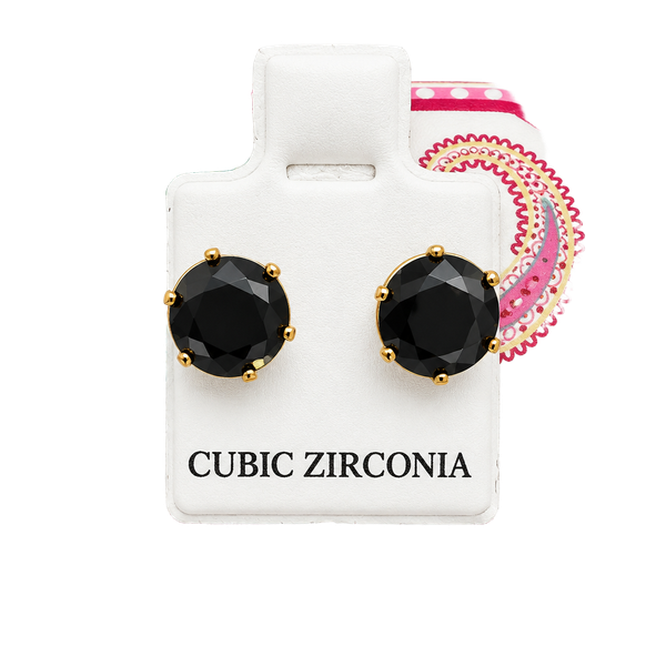 Cubic Zirconia Black CZ Gold Tone Round Prong Stud Earrings