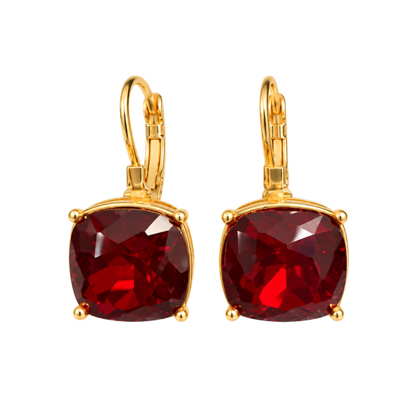 Unbranded Red Crystal Cushion Cut Leverback Earrings Gold Tone