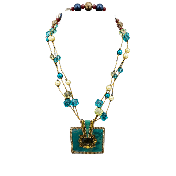 Multi Strand Glass Beaded Necklace with Turquoise Pendant and Gold Accents