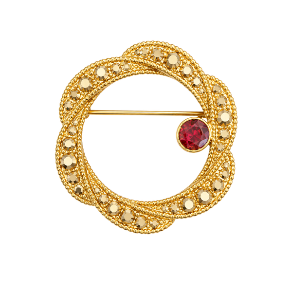 Vintage Gold Tone Circle Brooch With Red Stone