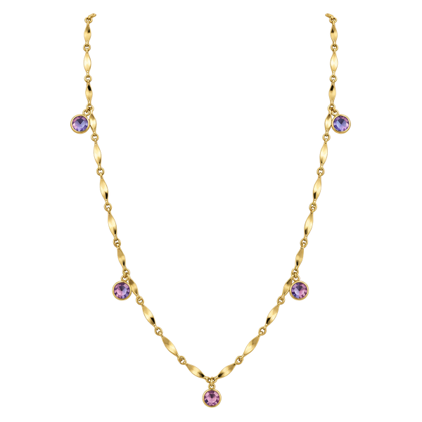 Vintage Gold Plated Amethyst Station Necklace with Pink Gemstones