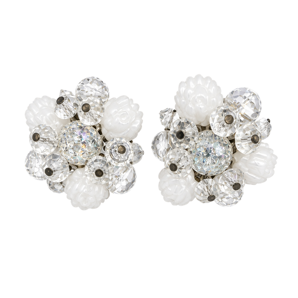 West Germany  Crystal Cluster Clip Earrings White Glass Beads