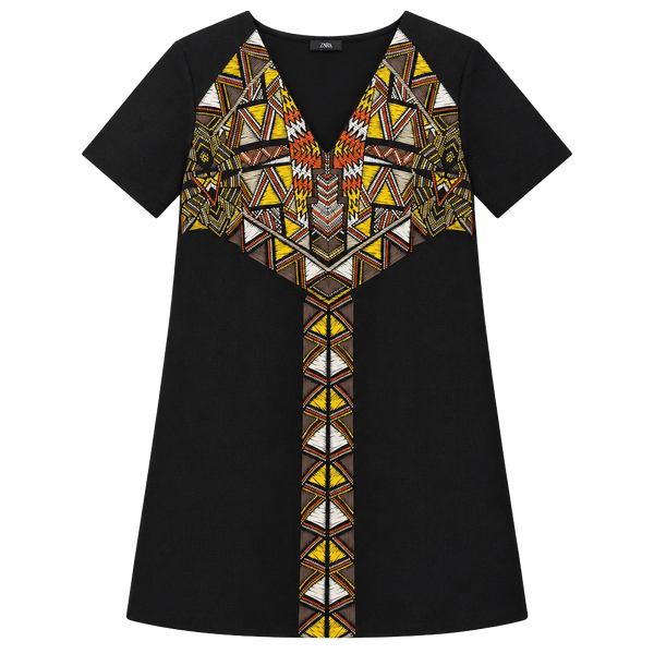 Zara Dress Size M Black Tribal Embroidered Shift Short Sleeve