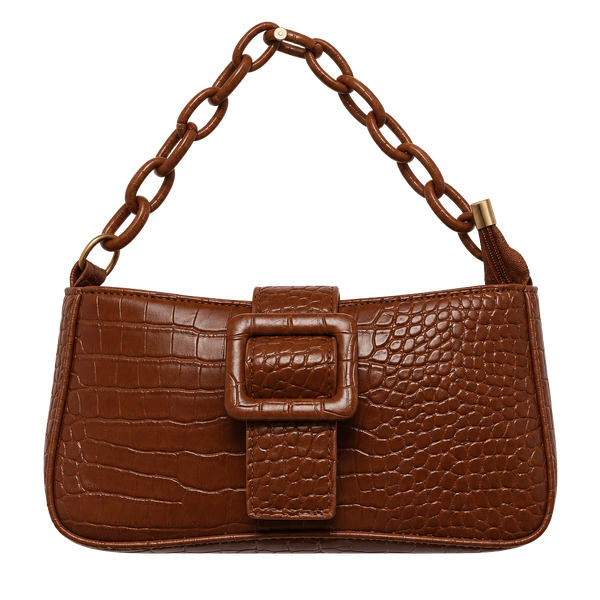  Crocodile Embossed Buckle Decor Shoulder Bag Brown