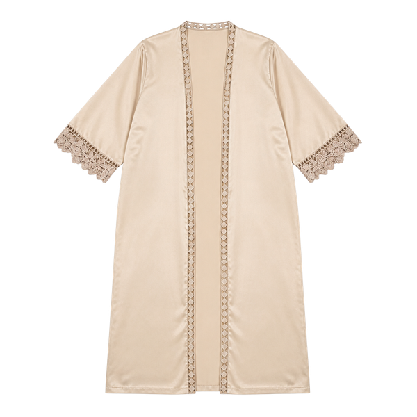 AW.Bridal Robe S Champagne Satin Lace Trim Kimono Long