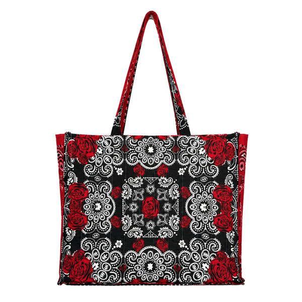 Handmade custom Quilted Tote Bag Red Black White Rose Bandana Print 18x14 1/2