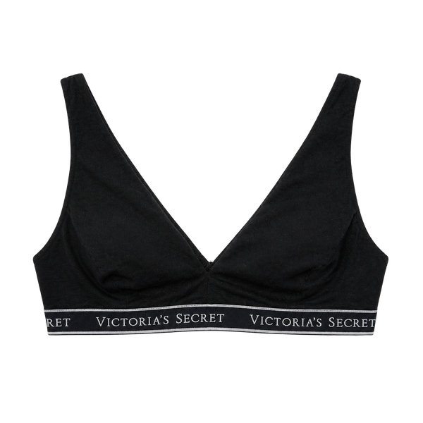 Victoria's Secret Wireless Cotton Plunge Bralette Size M Black Logo Band