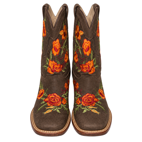 McAllen Western Boots KIDS Brown Orange/Red Floral Embroidered Cowgirl