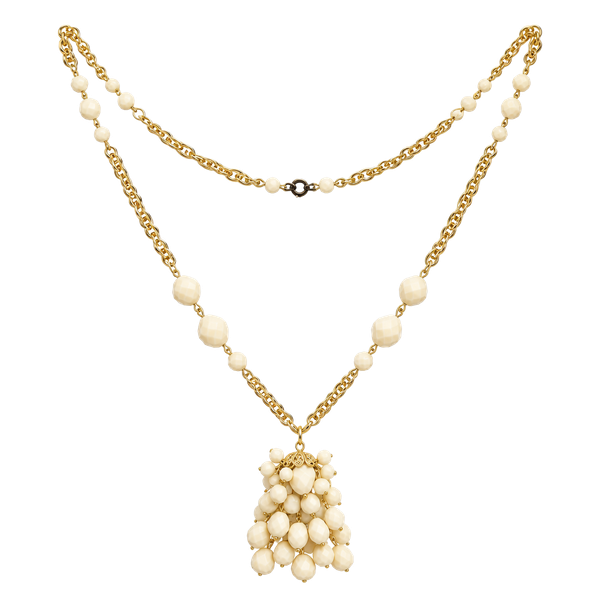 Vintage Gold Tone Cream Faceted Bead Tassel Necklace