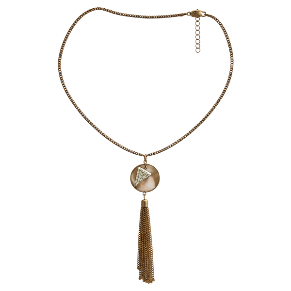 Boho Gold Tassel Necklace With Marble Stone Pendant