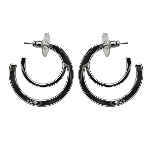 NINE WEST Double Hoop Earrings Silver Tone Crystal Accent