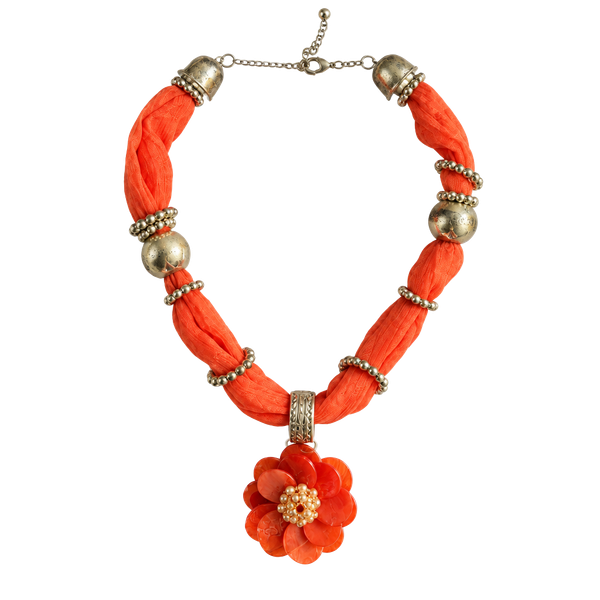 Orange Fabric And Silver Bead Flower Pendant Necklace