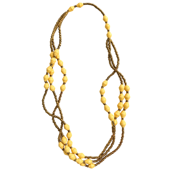Artisan Yellow Paper Bead And Bronze Seed Bead Necklace
