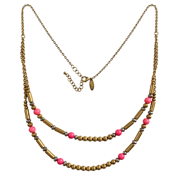 NY Multi Strand Layered Beaded Necklace Pink Gold Tone