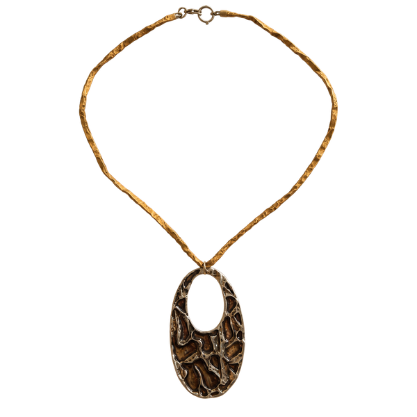 Vintage Boho Silver Tone Oval Pendant Leather Cord Necklace