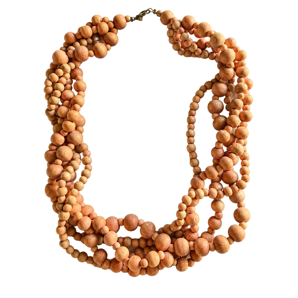 Vintage Multi Strand Wood Bead Necklace Peach Statement