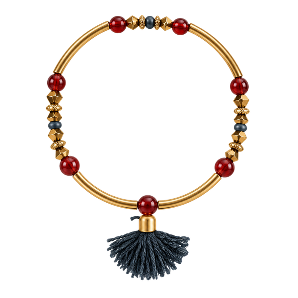 Gold-Tone Beaded Bangle Bracelet With Blue Tassel