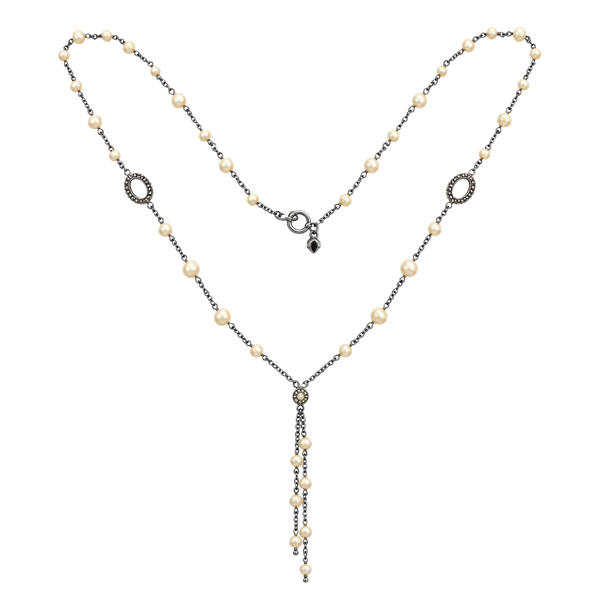 Pearl Crystal Lariat Necklace Silver Tone Necklace 