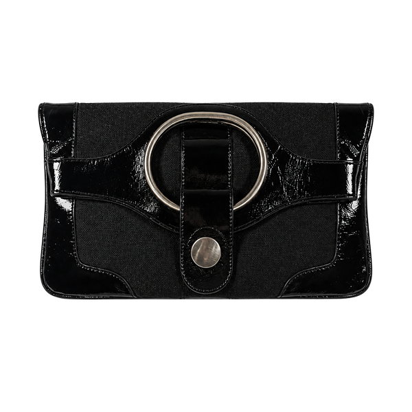 Hobo International Black Patent Leather and Fabric Foldover Clutch