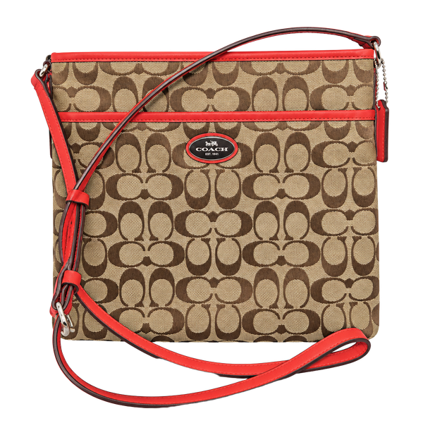 Coach Signature File Bag Crossbody Purse F36378 Khaki Red Leather Trim