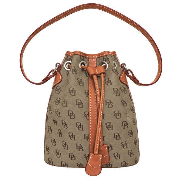 Dooney & Bourke Monogram Drawstring Bucket Bag Brown Canvas 9" x 8.5"