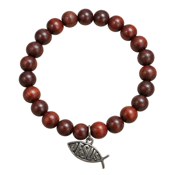 Unbranded Brown Wood Beaded Jesus Fish Charm Stretch Bracelet