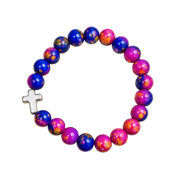 Glass 10mm Purple and Pink Beaded Bracelet with Cross