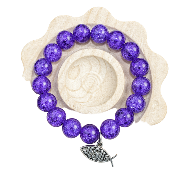 Unbranded 12mm Purple Crackled Glass Bead Jesus Fish Charm Bracelet