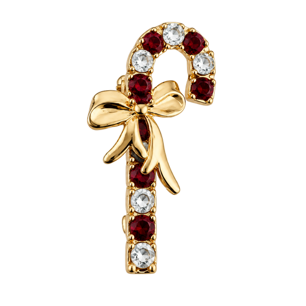Gold Tone Rhinestone Candy Cane Brooch With Bow