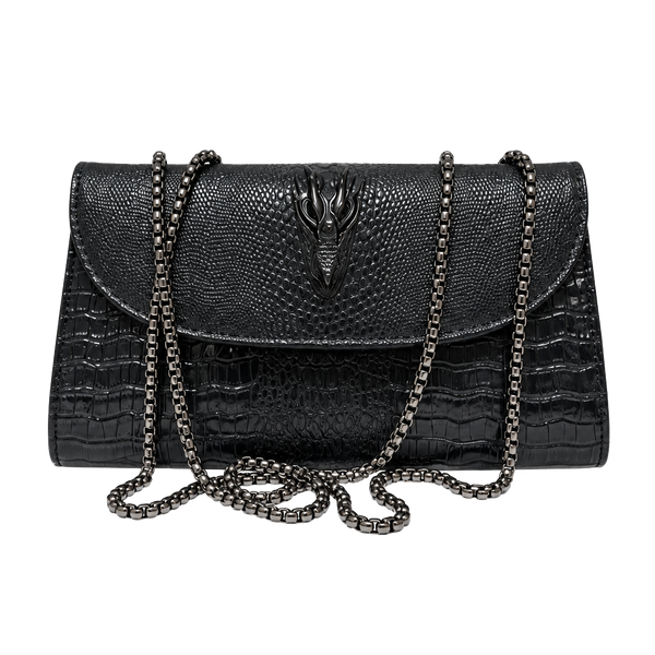 Black Croc-Embossed Chain Shoulder Bag
