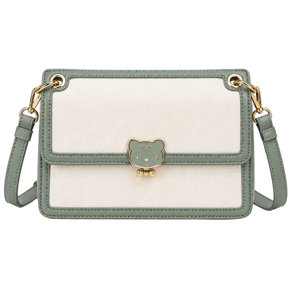 Cream and Sage Green Top-Handle Satchel with Bear Clasp