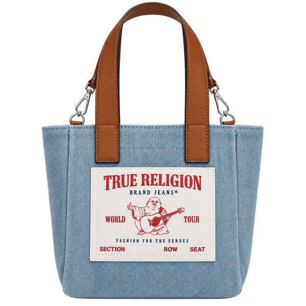 True Religion Mini Denim Tote Crossbody Bag Blue Brown