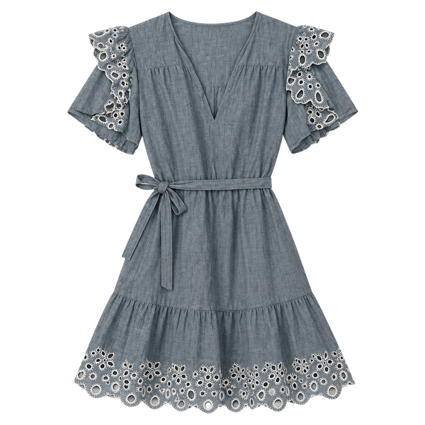Joie Safia Eyelet Ruffle Mini Dress Size XXS Blue Chambray