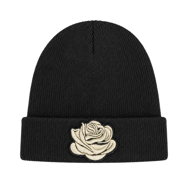 Black Knit Beanie with Embroidered Rose Patch