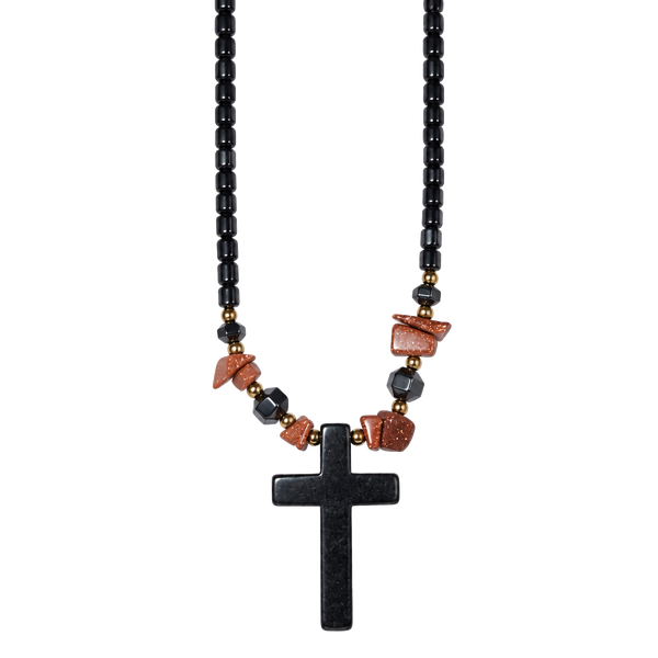 Unbranded Hematite Cross Pendant Necklace with Beaded Chain