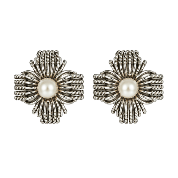 Vintage Sarah Coventry Silver Tone Faux Pearl Flower Clip On Earrings
