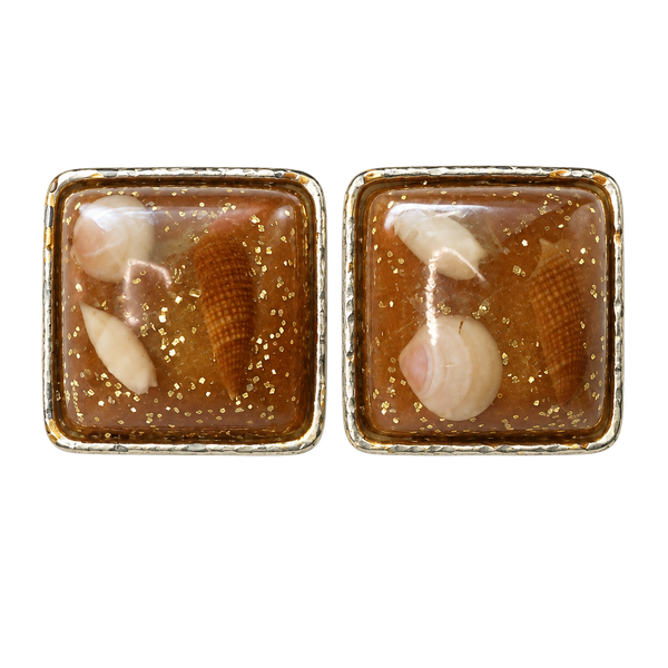 Vintage Square Resin Sea Shell Stud Earrings Gold Tone