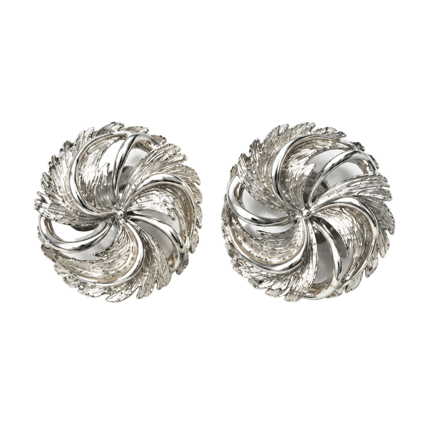 Tara Vintage Silver Tone Swirl Clip Earrings Mid Century Costume Jewelry