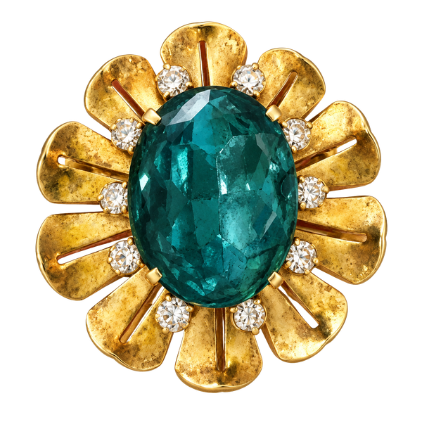 Vintage Gold Tone Floral Brooch with Teal Rhinestone Center