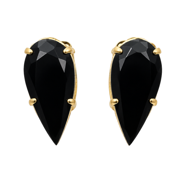 Czechoslovakia Gold Plated Black Onyx Teardrop Clip Earrings