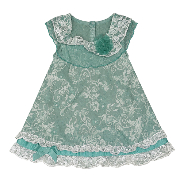 Little Lass Toddler Girl Sage Green Lace Dress with White Floral Pattern and Bow